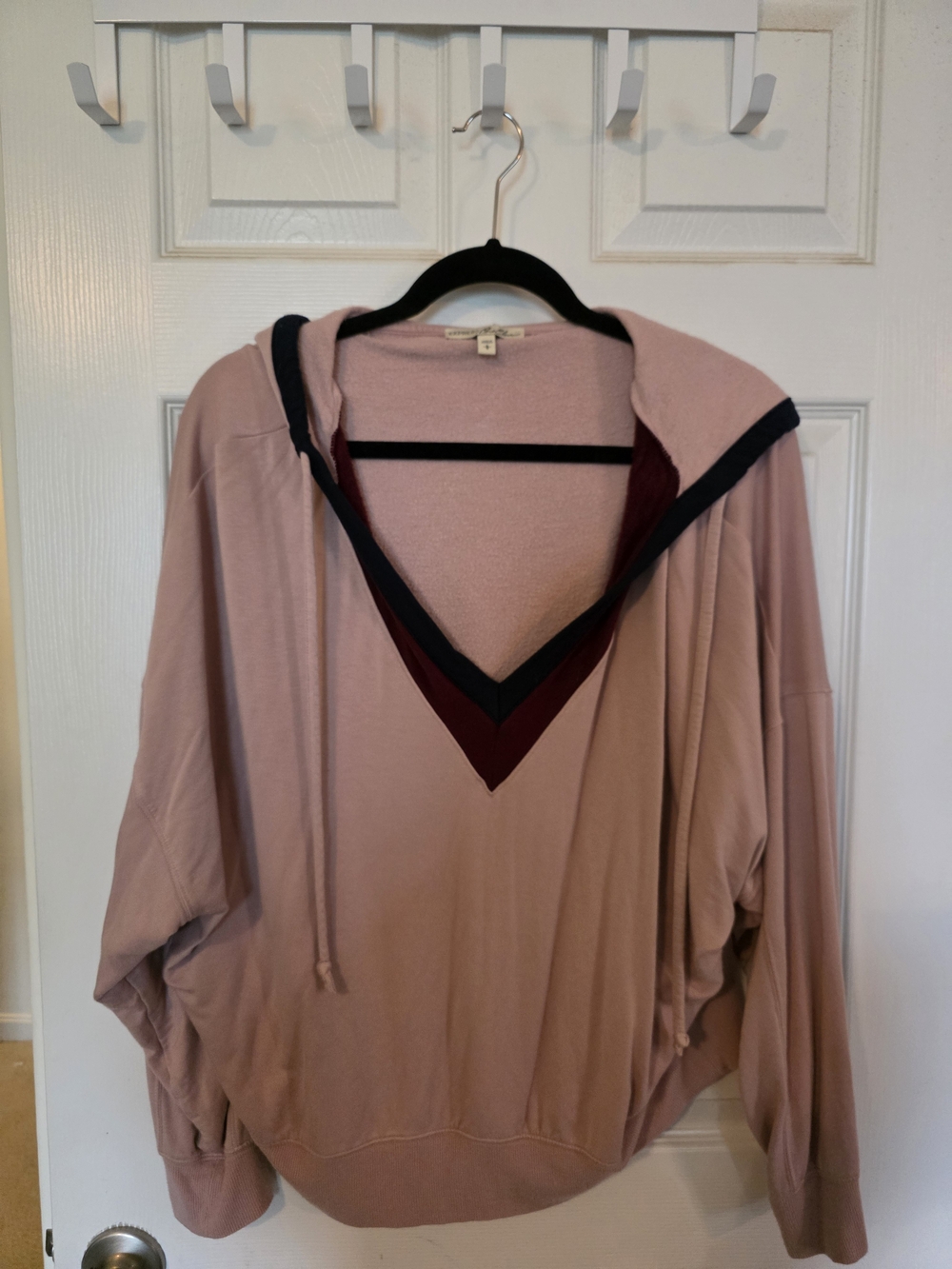 Dusty Rose Hooded Pullover with Contrast V-Neck Trim